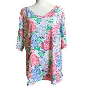 Kim Rogers multi colored floral print top.  EC. Size 2X